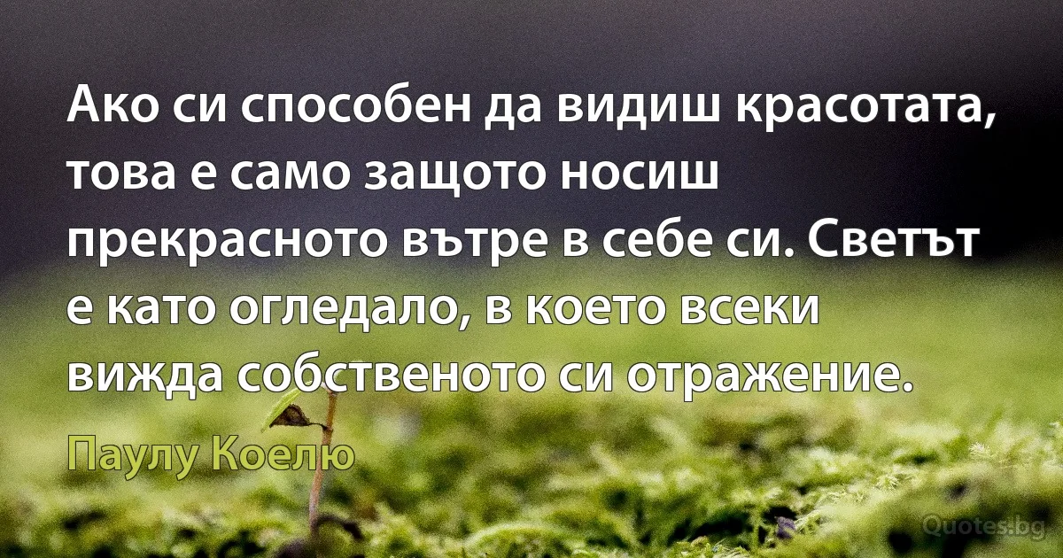 Ако си способен да видиш красотата, това е само защото носиш прекрасното вътре в себе си. Светът е като огледало, в което всеки вижда собственото си отражение. (Паулу Коелю)