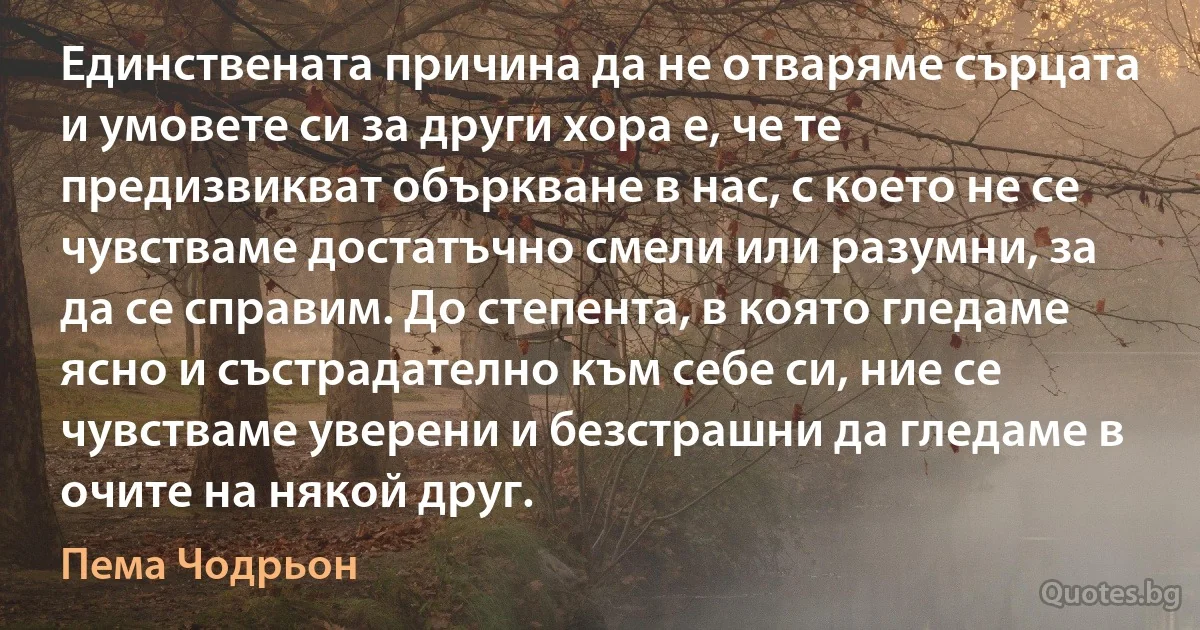 Единствената причина да не отваряме сърцата и умовете си за други хора е, че те предизвикват объркване в нас, с което не се чувстваме достатъчно смели или разумни, за да се справим. До степента, в която гледаме ясно и състрадателно към себе си, ние се чувстваме уверени и безстрашни да гледаме в очите на някой друг. (Пема Чодрьон)