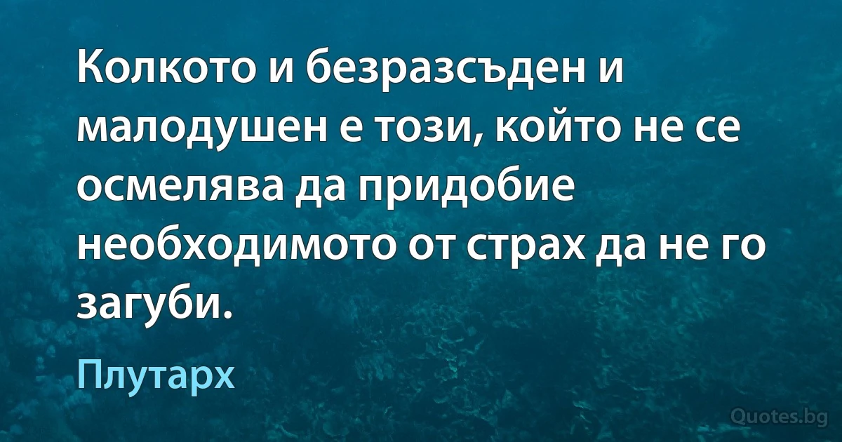 Колкото и безразсъден и малодушен е този, който не се осмелява да придобие необходимото от страх да не го загуби. (Плутарх)