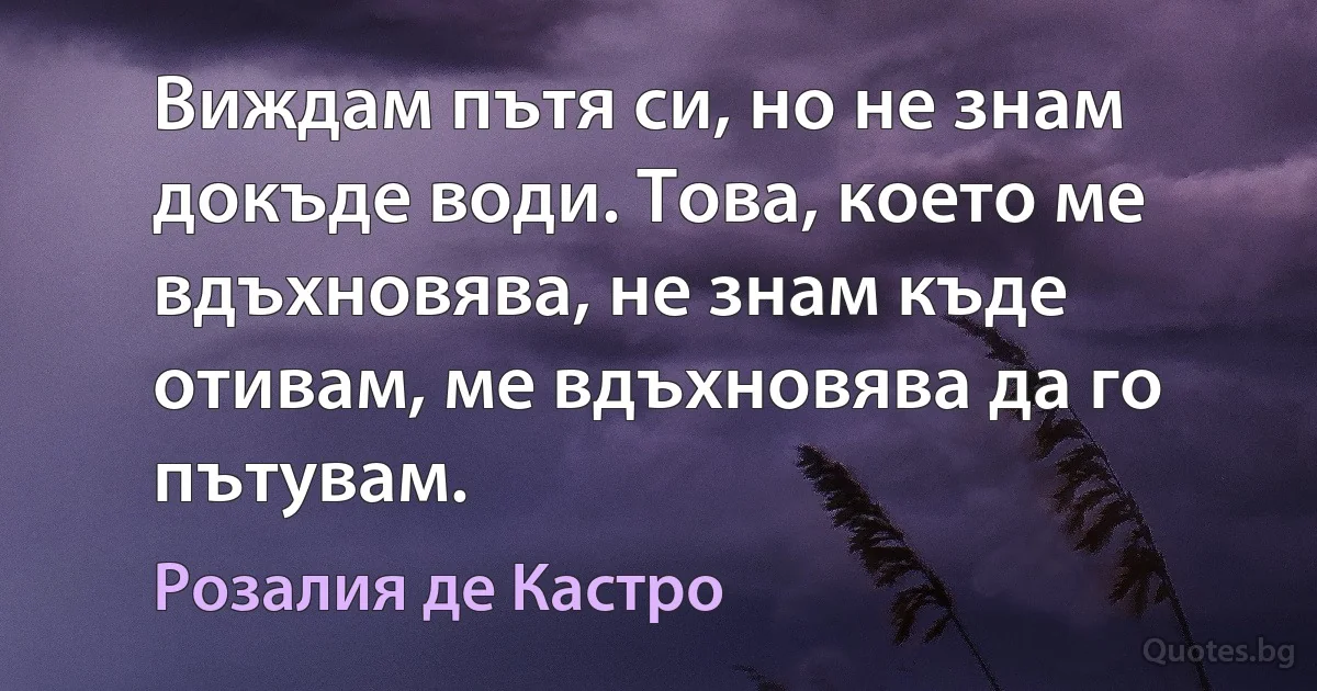 Виждам пътя си, но не знам докъде води. Това, което ме вдъхновява, не знам къде отивам, ме вдъхновява да го пътувам. (Розалия де Кастро)