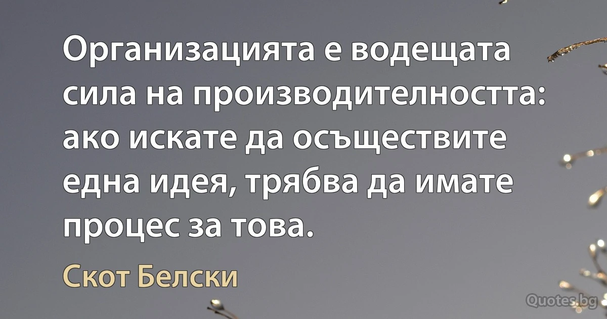 Организацията е водещата сила на производителността: ако искате да осъществите една идея, трябва да имате процес за това. (Скот Белски)