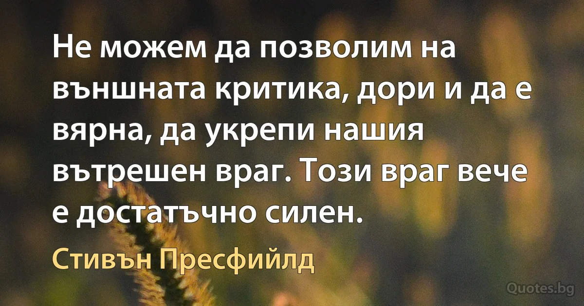 Не можем да позволим на външната критика, дори и да е вярна, да укрепи нашия вътрешен враг. Този враг вече е достатъчно силен. (Стивън Пресфийлд)