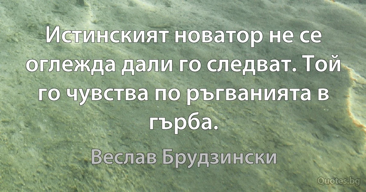 Истинският новатор не се оглежда дали го следват. Той го чувства по ръгванията в гърба. (Веслав Брудзински)