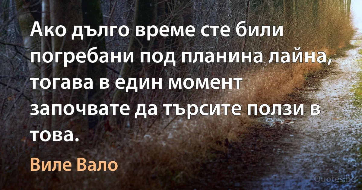 Ако дълго време сте били погребани под планина лайна, тогава в един момент започвате да търсите ползи в това. (Виле Вало)