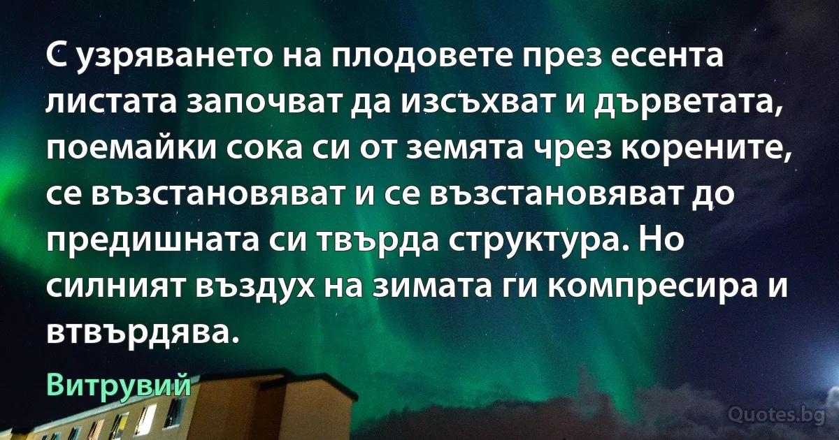 С узряването на плодовете през есента листата започват да изсъхват и дърветата, поемайки сока си от земята чрез корените, се възстановяват и се възстановяват до предишната си твърда структура. Но силният въздух на зимата ги компресира и втвърдява. (Витрувий)