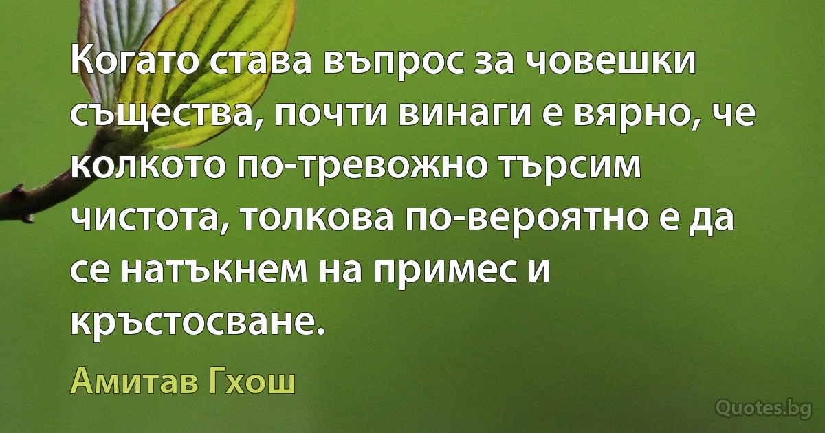 Когато става въпрос за човешки същества, почти винаги е вярно, че колкото по-тревожно търсим чистота, толкова по-вероятно е да се натъкнем на примес и кръстосване. (Амитав Гхош)