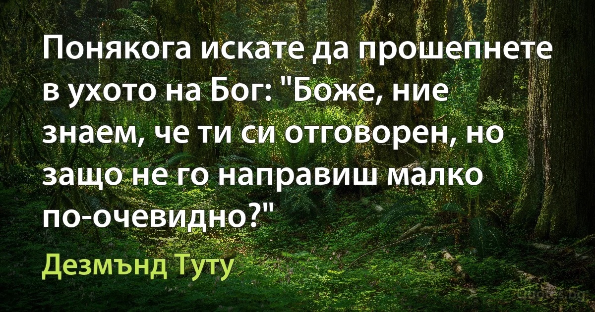 Понякога искате да прошепнете в ухото на Бог: "Боже, ние знаем, че ти си отговорен, но защо не го направиш малко по-очевидно?" (Дезмънд Туту)