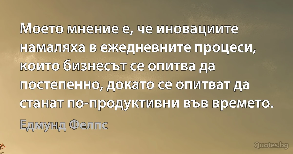 Моето мнение е, че иновациите намаляха в ежедневните процеси, които бизнесът се опитва да постепенно, докато се опитват да станат по-продуктивни във времето. (Едмунд Фелпс)