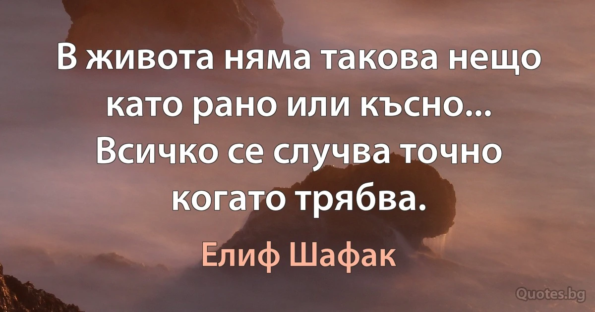 В живота няма такова нещо като рано или късно... Всичко се случва точно когато трябва. (Елиф Шафак)