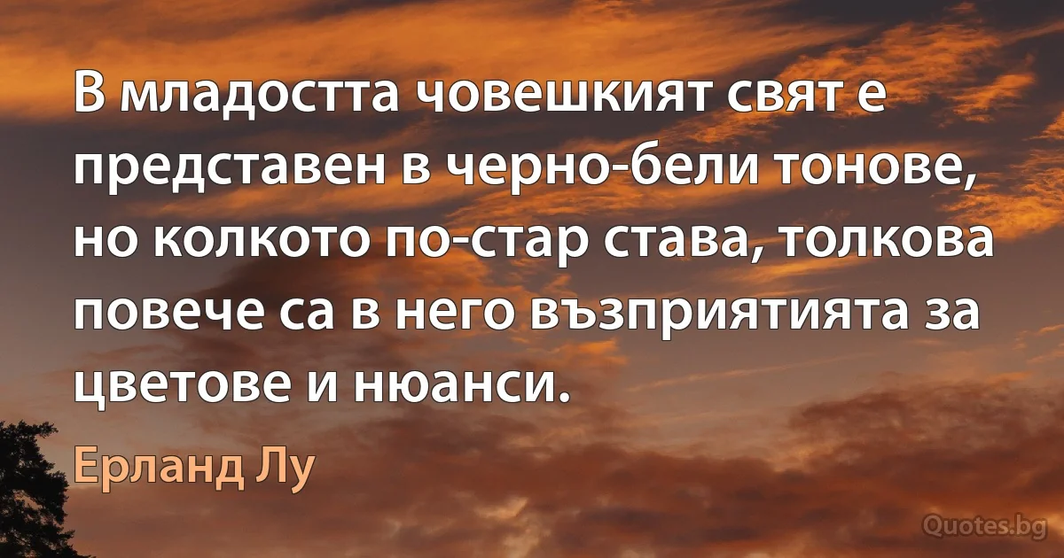 В младостта човешкият свят е представен в черно-бели тонове, но колкото по-стар става, толкова повече са в него възприятията за цветове и нюанси. (Ерланд Лу)