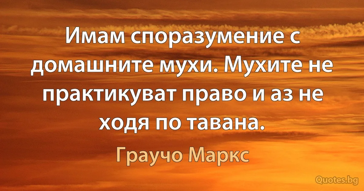 Имам споразумение с домашните мухи. Мухите не практикуват право и аз не ходя по тавана. (Граучо Маркс)