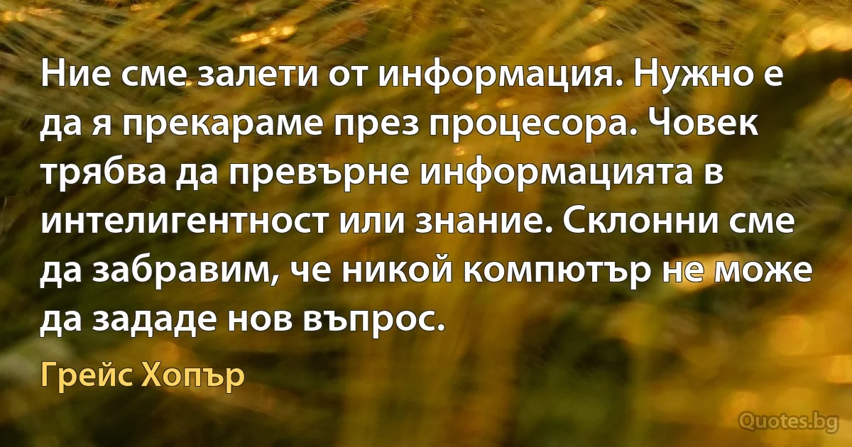 Ние сме залети от информация. Нужно е да я прекараме през процесора. Човек трябва да превърне информацията в интелигентност или знание. Склонни сме да забравим, че никой компютър не може да зададе нов въпрос. (Грейс Хопър)