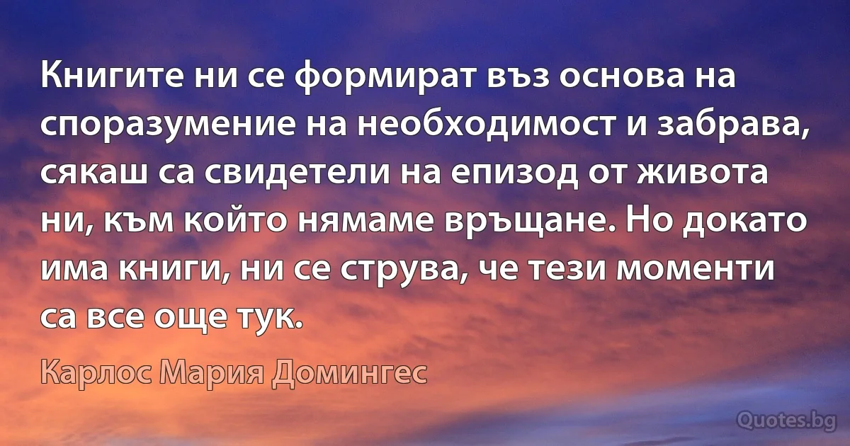 Книгите ни се формират въз основа на споразумение на необходимост и забрава, сякаш са свидетели на епизод от живота ни, към който нямаме връщане. Но докато има книги, ни се струва, че тези моменти са все още тук. (Карлос Мария Домингес)