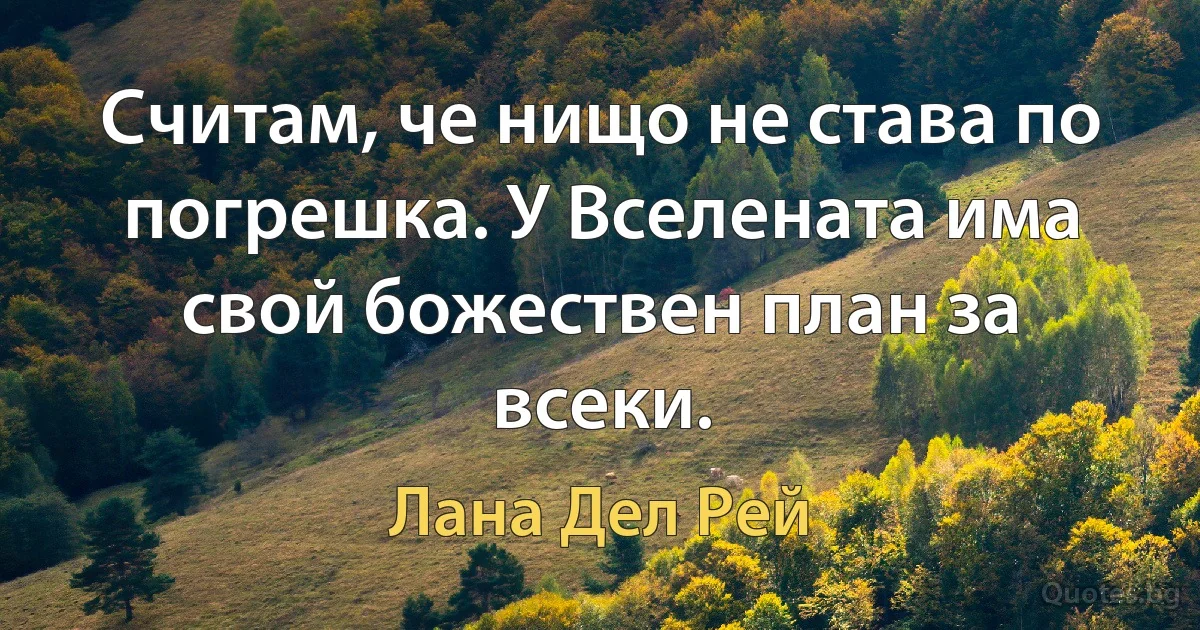 Считам, че нищо не става по погрешка. У Вселената има свой божествен план за всеки. (Лана Дел Рей)