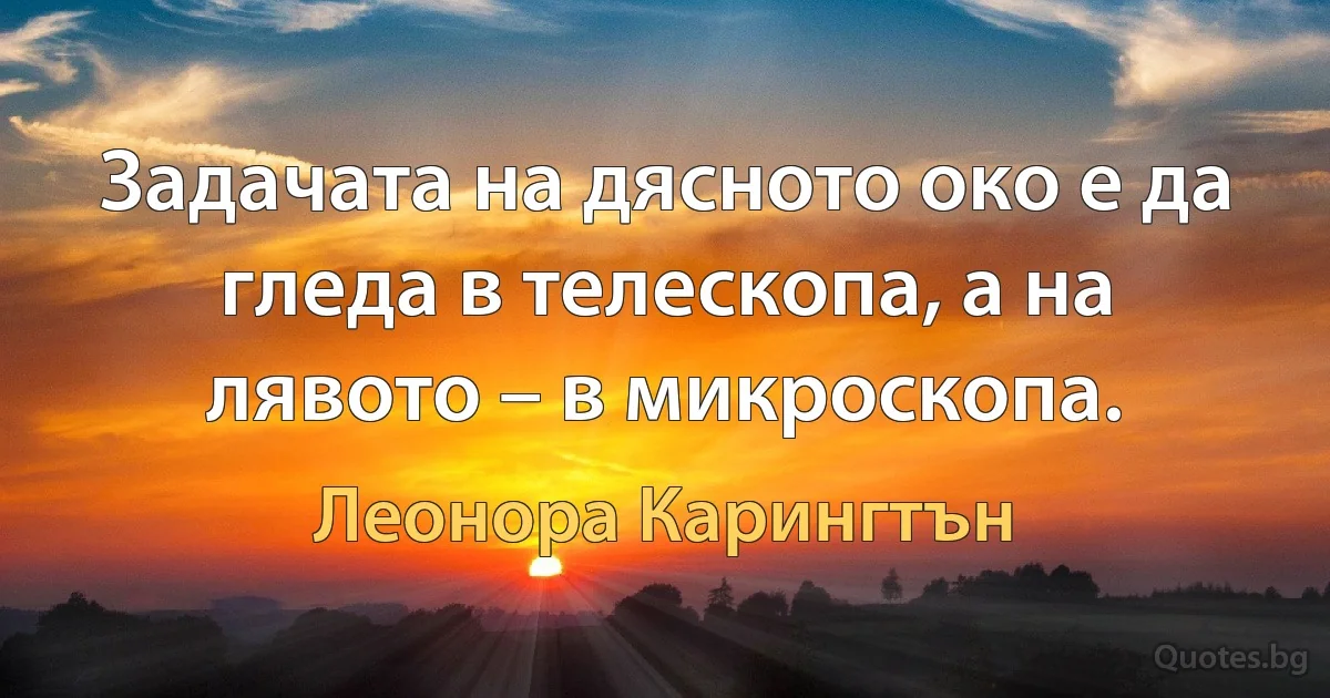 Задачата на дясното око е да гледа в телескопа, а на лявото – в микроскопа. (Леонора Карингтън)