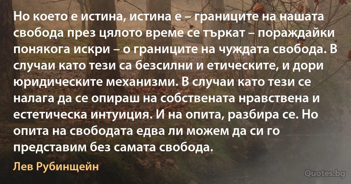 Но което е истина, истина е – границите на нашата свобода през цялото време се търкат – пораждайки понякога искри – о границите на чуждата свобода. В случаи като тези са безсилни и етическите, и дори юридическите механизми. В случаи като тези се налага да се опираш на собствената нравствена и естетическа интуиция. И на опита, разбира се. Но опита на свободата едва ли можем да си го представим без самата свобода. (Лев Рубинщейн)