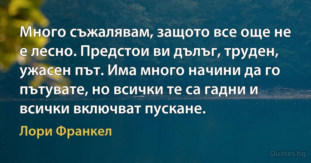 Много съжалявам, защото все още не е лесно. Предстои ви дълъг, труден, ужасен път. Има много начини да го пътувате, но всички те са гадни и всички включват пускане. (Лори Франкел)