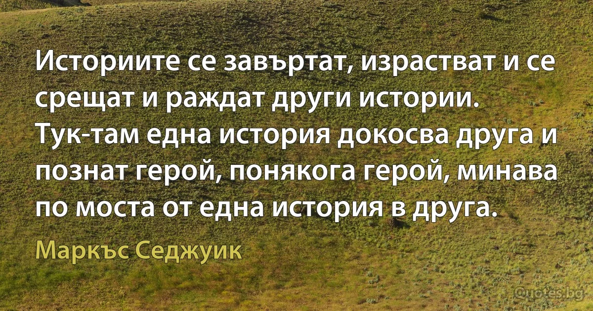 Историите се завъртат, израстват и се срещат и раждат други истории. Тук-там една история докосва друга и познат герой, понякога герой, минава по моста от една история в друга. (Маркъс Седжуик)