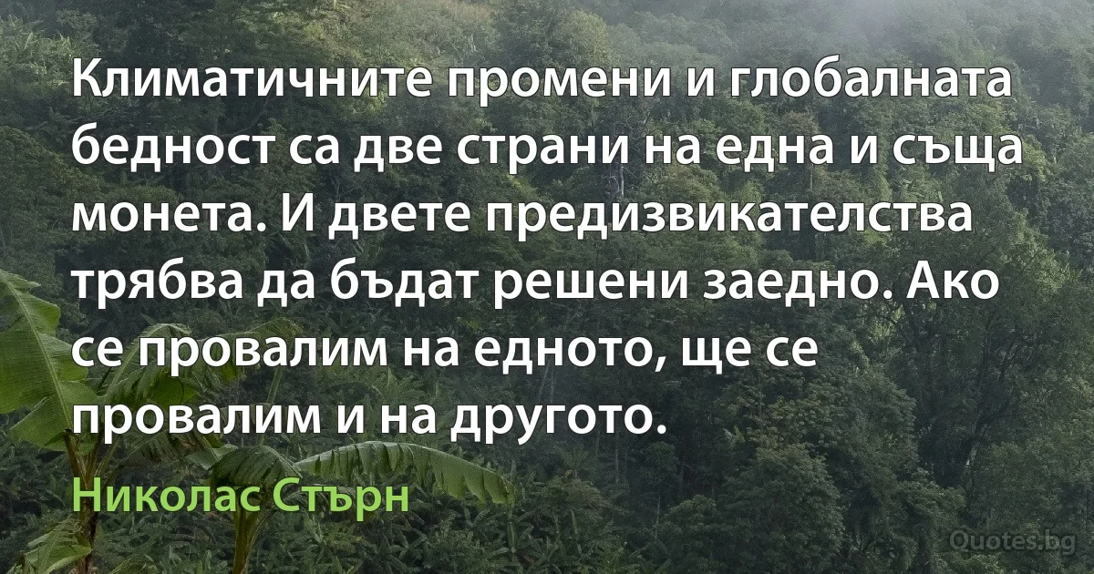 Климатичните промени и глобалната бедност са две страни на една и съща монета. И двете предизвикателства трябва да бъдат решени заедно. Ако се провалим на едното, ще се провалим и на другото. (Николас Стърн)