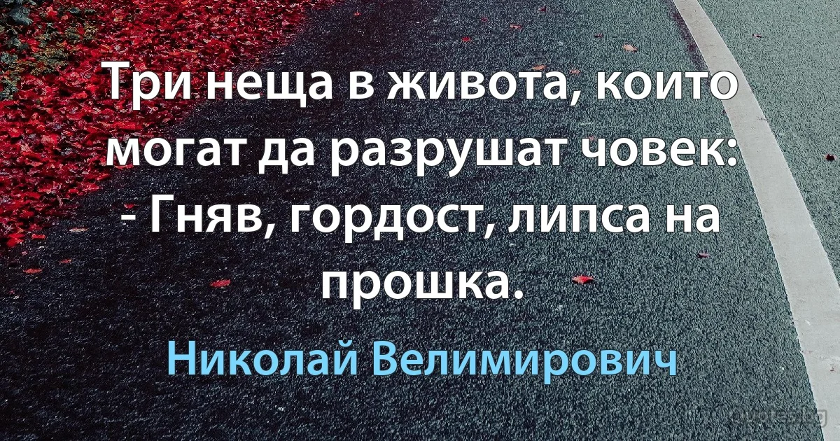 Три неща в живота, които могат да разрушат човек:
- Гняв, гордост, липса на прошка. (Николай Велимирович)