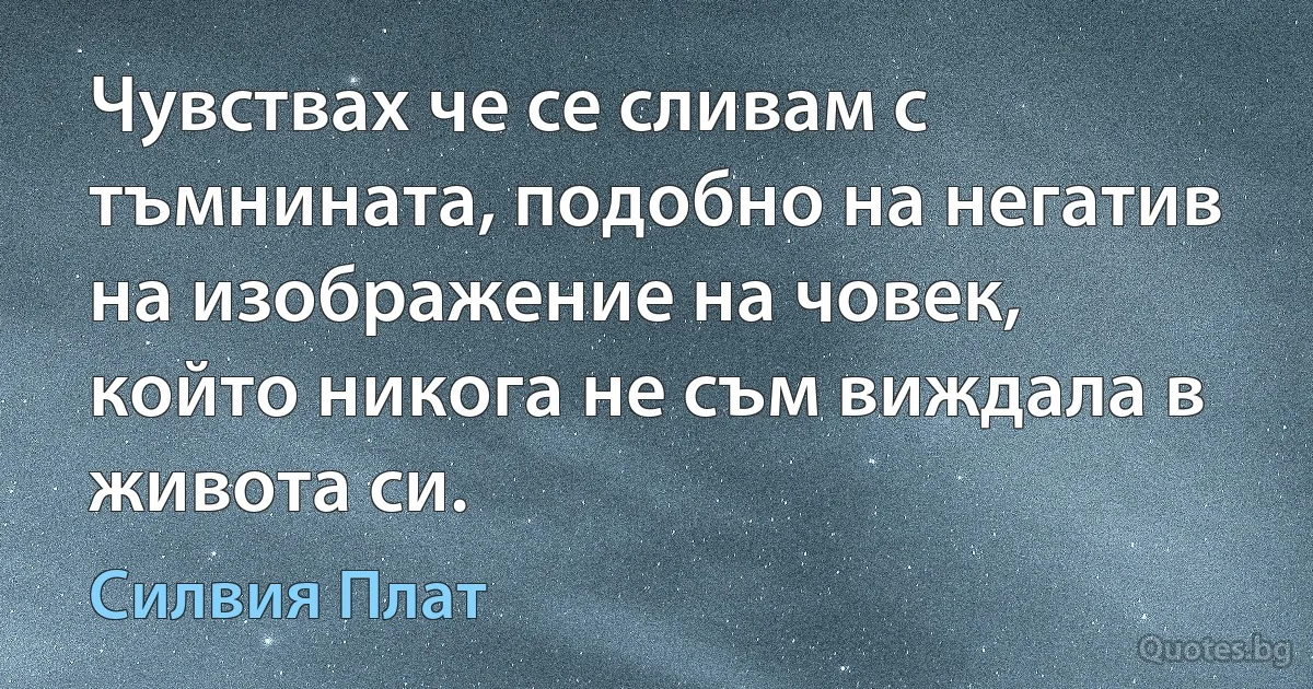 Чувствах че се сливам с тъмнината, подобно на негатив на изображение на човек, който никога не съм виждала в живота си. (Силвия Плат)