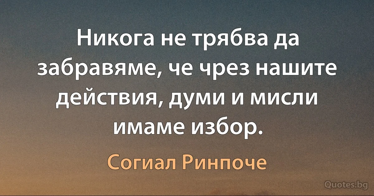 Никога не трябва да забравяме, че чрез нашите действия, думи и мисли имаме избор. (Согиал Ринпоче)