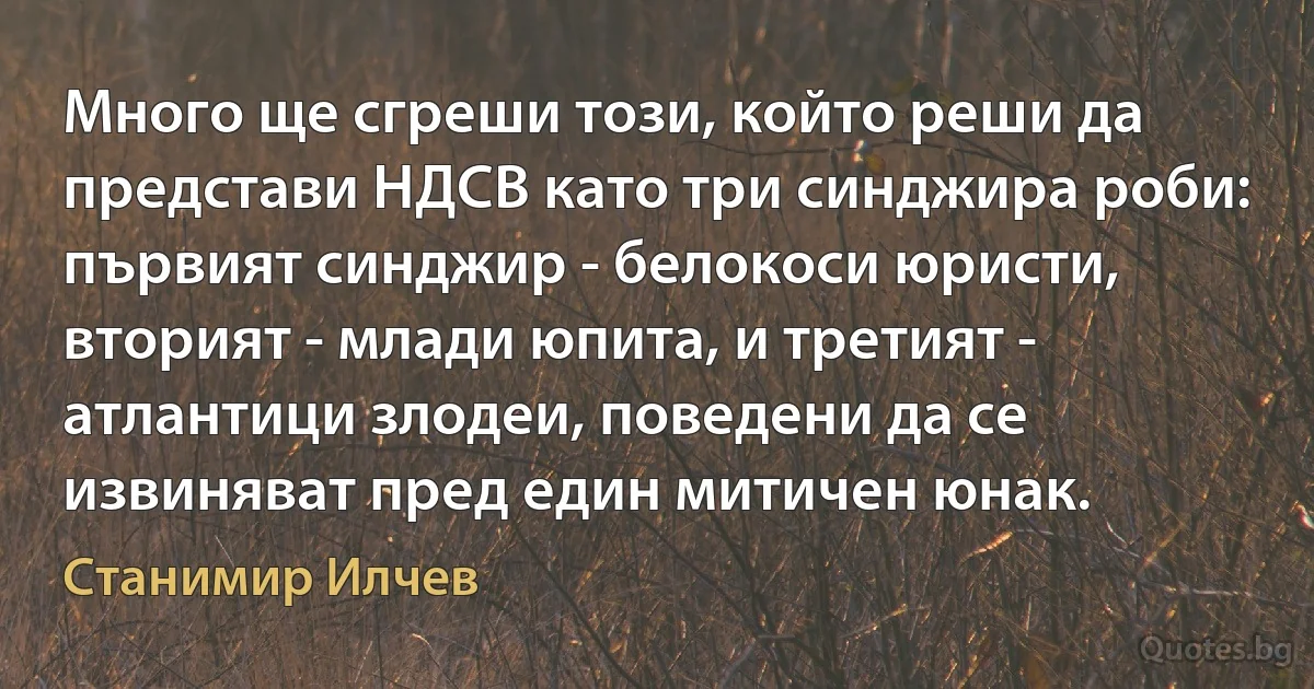 Много ще сгреши този, който реши да представи НДСВ като три синджира роби: първият синджир - белокоси юристи, вторият - млади юпита, и третият - атлантици злодеи, поведени да се извиняват пред един митичен юнак. (Станимир Илчев)