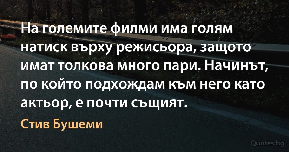 На големите филми има голям натиск върху режисьора, защото имат толкова много пари. Начинът, по който подхождам към него като актьор, е почти същият. (Стив Бушеми)