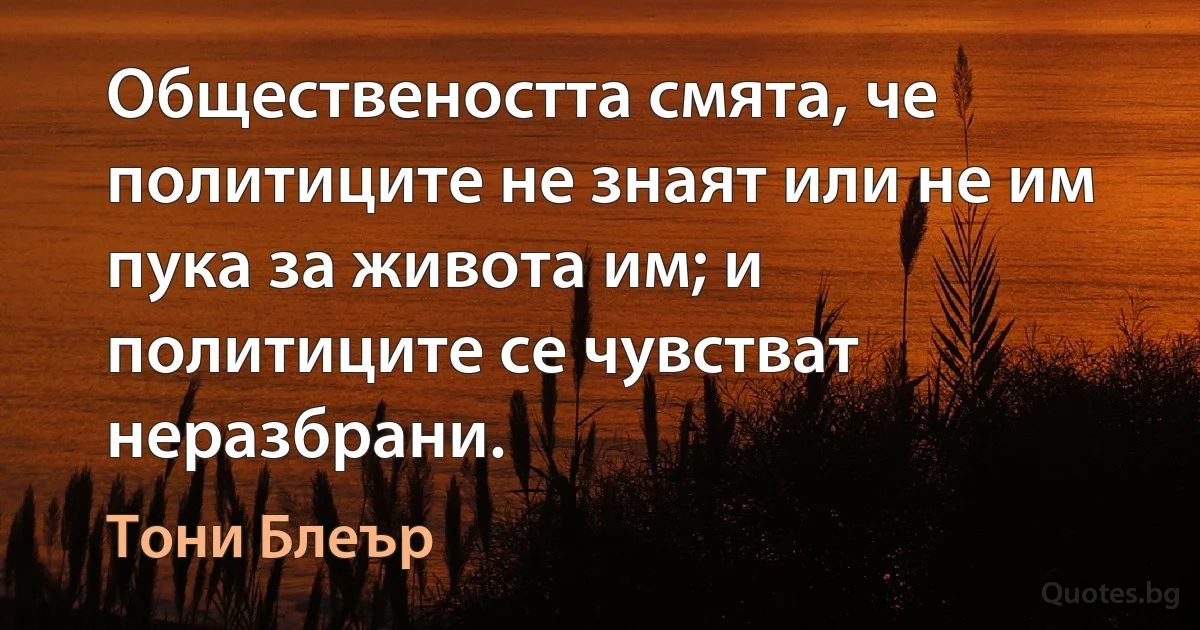 Обществеността смята, че политиците не знаят или не им пука за живота им; и политиците се чувстват неразбрани. (Тони Блеър)