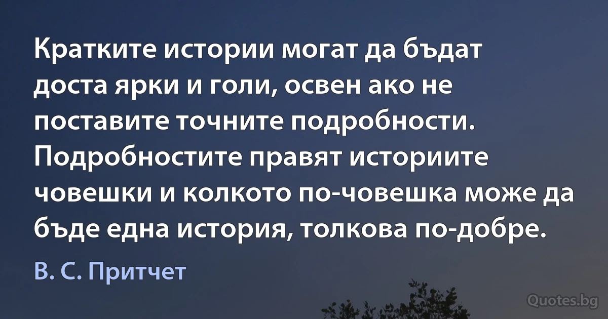 Кратките истории могат да бъдат доста ярки и голи, освен ако не поставите точните подробности. Подробностите правят историите човешки и колкото по-човешка може да бъде една история, толкова по-добре. (В. С. Притчет)