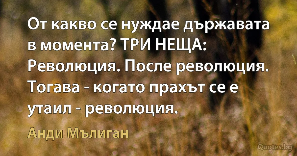 От какво се нуждае държавата в момента? ТРИ НЕЩА: Революция. После революция. Тогава - когато прахът се е утаил - революция. (Анди Мълиган)