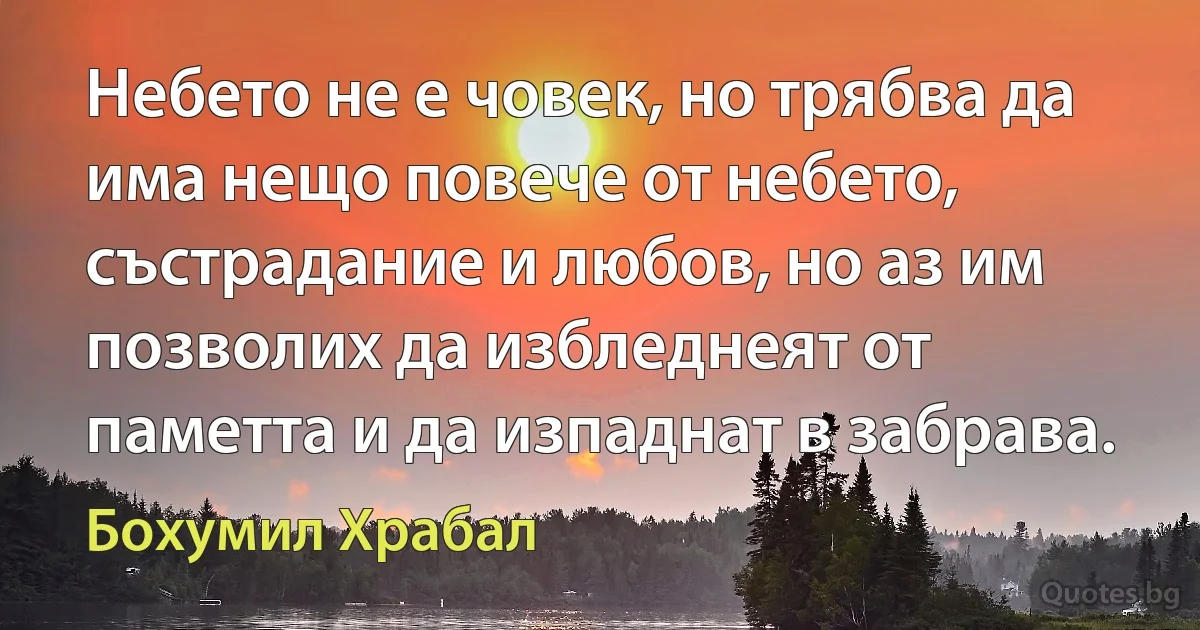 Небето не е човек, но трябва да има нещо повече от небето, състрадание и любов, но аз им позволих да избледнеят от паметта и да изпаднат в забрава. (Бохумил Храбал)