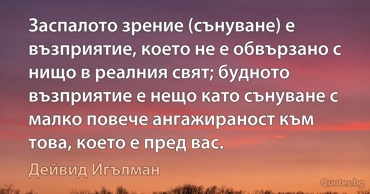 Заспалото зрение (сънуване) е възприятие, което не е обвързано с нищо в реалния свят; будното възприятие е нещо като сънуване с малко повече ангажираност към това, което е пред вас. (Дейвид Игълман)