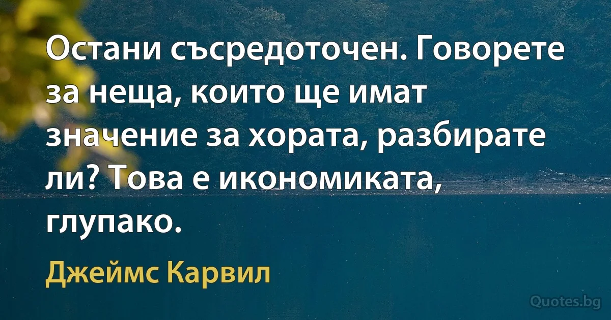 Остани съсредоточен. Говорете за неща, които ще имат значение за хората, разбирате ли? Това е икономиката, глупако. (Джеймс Карвил)