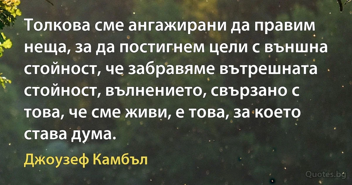 Толкова сме ангажирани да правим неща, за да постигнем цели с външна стойност, че забравяме вътрешната стойност, вълнението, свързано с това, че сме живи, е това, за което става дума. (Джоузеф Камбъл)