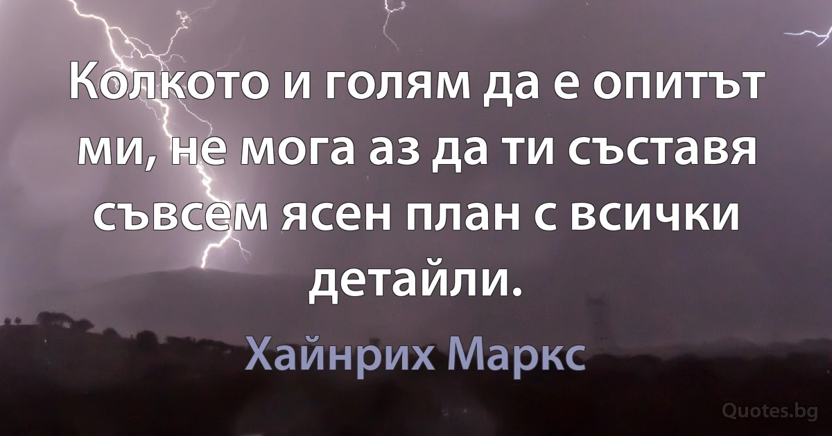 Колкото и голям да е опитът ми, не мога аз да ти съставя съвсем ясен план с всички детайли. (Хайнрих Маркс)