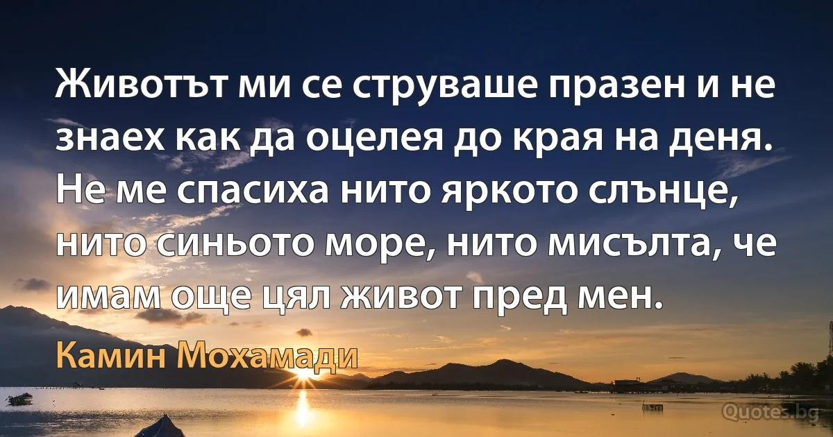 Животът ми се струваше празен и не знаех как да оцелея до края на деня. Не ме спасиха нито яркото слънце, нито синьото море, нито мисълта, че имам още цял живот пред мен. (Камин Мохамади)