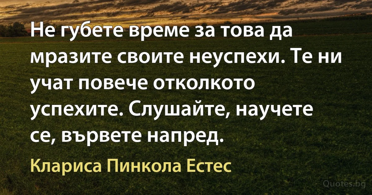 Не губете време за това да мразите своите неуспехи. Те ни учат повече отколкото успехите. Слушайте, научете се, вървете напред. (Клариса Пинкола Естес)