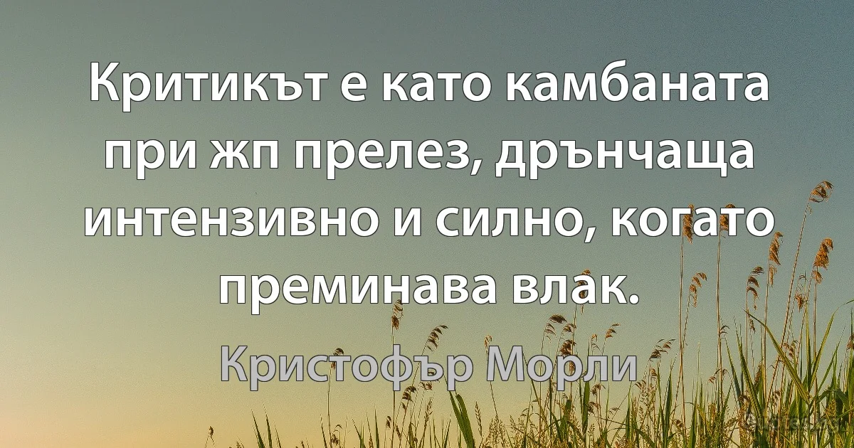 Критикът е като камбаната при жп прелез, дрънчаща интензивно и силно, когато преминава влак. (Кристофър Морли)