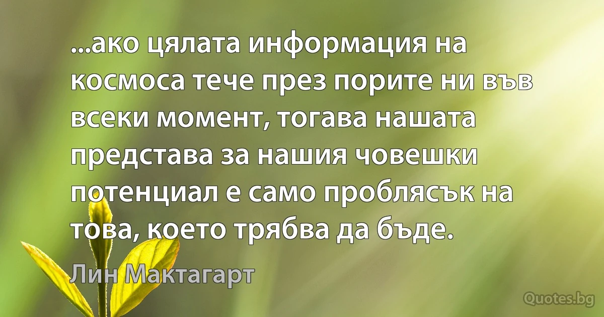 ...ако цялата информация на космоса тече през порите ни във всеки момент, тогава нашата представа за нашия човешки потенциал е само проблясък на това, което трябва да бъде. (Лин Мактагарт)