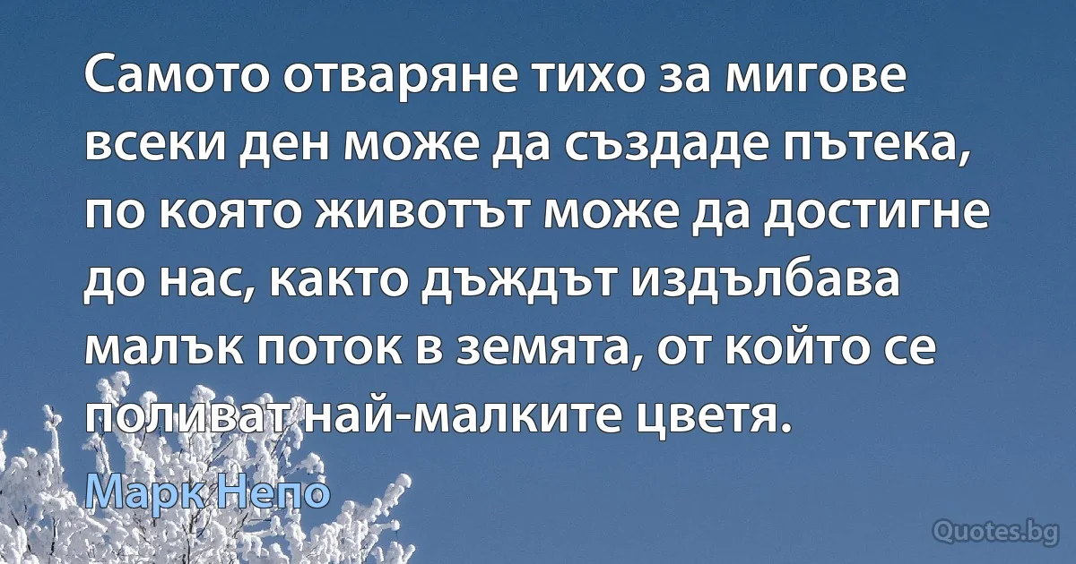 Самото отваряне тихо за мигове всеки ден може да създаде пътека, по която животът може да достигне до нас, както дъждът издълбава малък поток в земята, от който се поливат най-малките цветя. (Марк Непо)