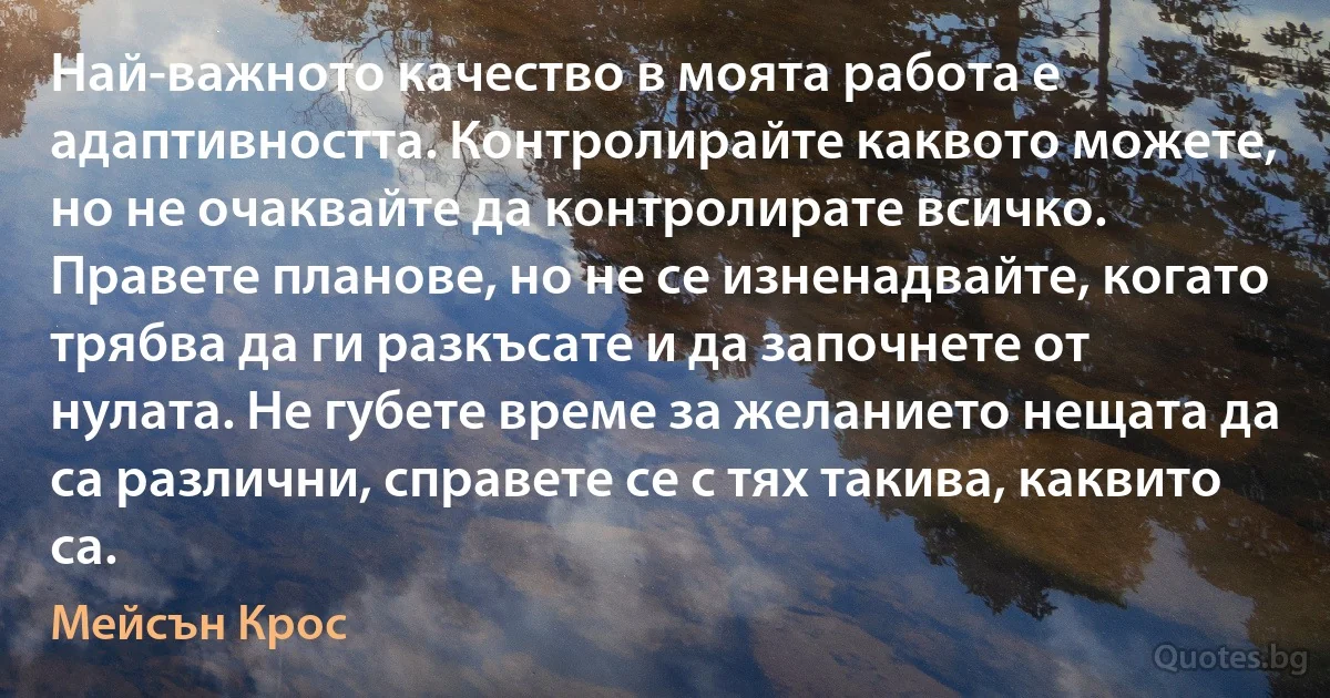 Най-важното качество в моята работа е адаптивността. Контролирайте каквото можете, но не очаквайте да контролирате всичко. Правете планове, но не се изненадвайте, когато трябва да ги разкъсате и да започнете от нулата. Не губете време за желанието нещата да са различни, справете се с тях такива, каквито са. (Мейсън Крос)