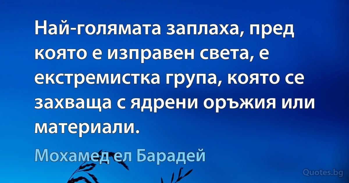 Най-голямата заплаха, пред която е изправен света, е екстремистка група, която се захваща с ядрени оръжия или материали. (Мохамед ел Барадей)