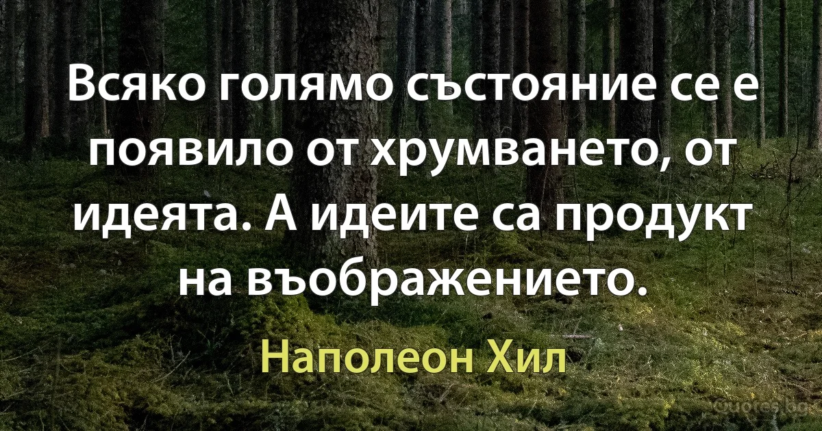 Всяко голямо състояние се е появило от хрумването, от идеята. А идеите са продукт на въображението. (Наполеон Хил)