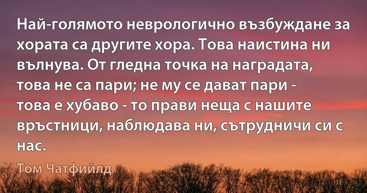 Най-голямото неврологично възбуждане за хората са другите хора. Това наистина ни вълнува. От гледна точка на наградата, това не са пари; не му се дават пари - това е хубаво - то прави неща с нашите връстници, наблюдава ни, сътрудничи си с нас. (Том Чатфийлд)