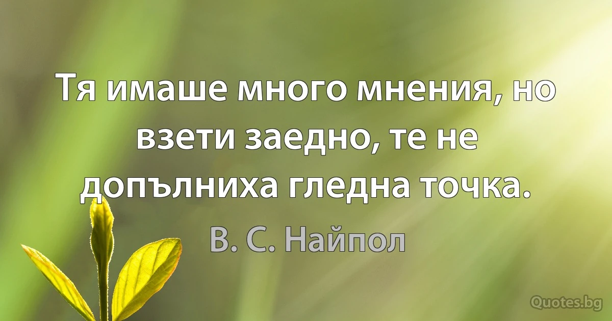 Тя имаше много мнения, но взети заедно, те не допълниха гледна точка. (В. С. Найпол)