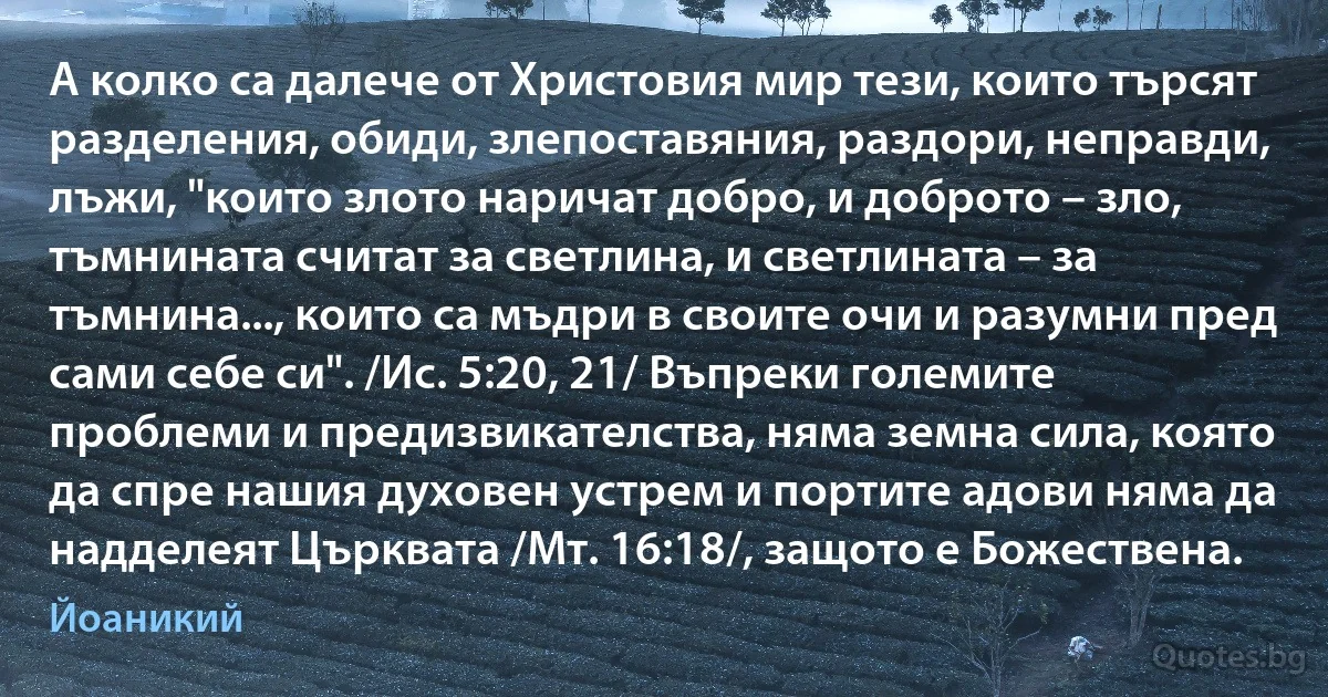 А колко са далече от Христовия мир тези, които търсят разделения, обиди, злепоставяния, раздори, неправди, лъжи, "които злото наричат добро, и доброто – зло, тъмнината считат за светлина, и светлината – за тъмнина..., които са мъдри в своите очи и разумни пред сами себе си". /Ис. 5:20, 21/ Въпреки големите проблеми и предизвикателства, няма земна сила, която да спре нашия духовен устрем и портите адови няма да надделеят Църквата /Мт. 16:18/, защото е Божествена. (Йоаникий)