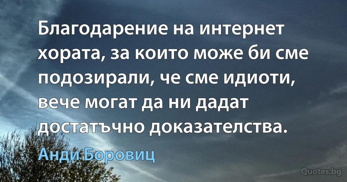 Благодарение на интернет хората, за които може би сме подозирали, че сме идиоти, вече могат да ни дадат достатъчно доказателства. (Анди Боровиц)