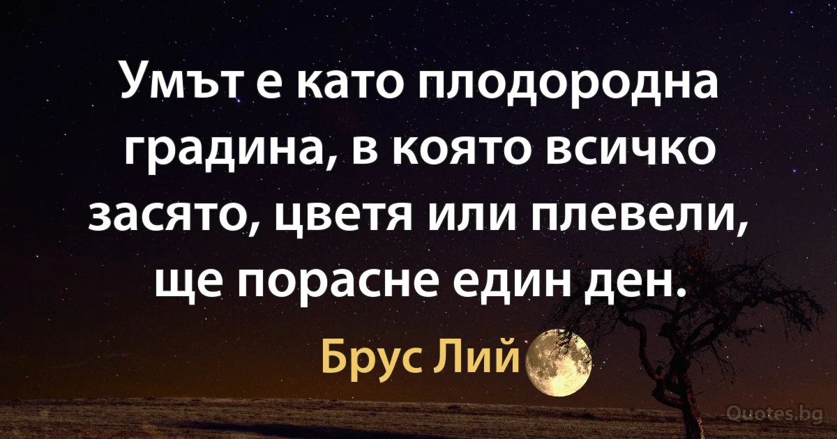 Умът е като плодородна градина, в която всичко засято, цветя или плевели, ще порасне един ден. (Брус Лий)