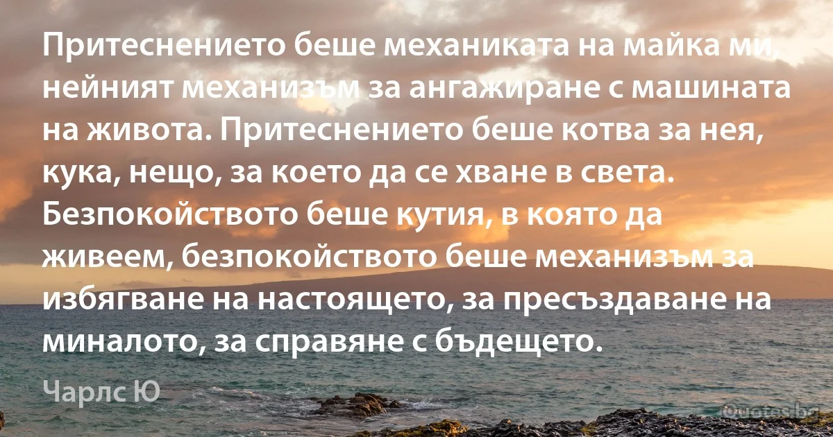 Притеснението беше механиката на майка ми, нейният механизъм за ангажиране с машината на живота. Притеснението беше котва за нея, кука, нещо, за което да се хване в света. Безпокойството беше кутия, в която да живеем, безпокойството беше механизъм за избягване на настоящето, за пресъздаване на миналото, за справяне с бъдещето. (Чарлс Ю)